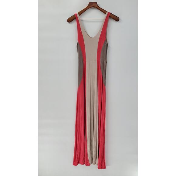 Monteau Maxi Tank Dress Womens M Beige Red Tan Color Block V Neck Sleeveless - Picture 3 of 12